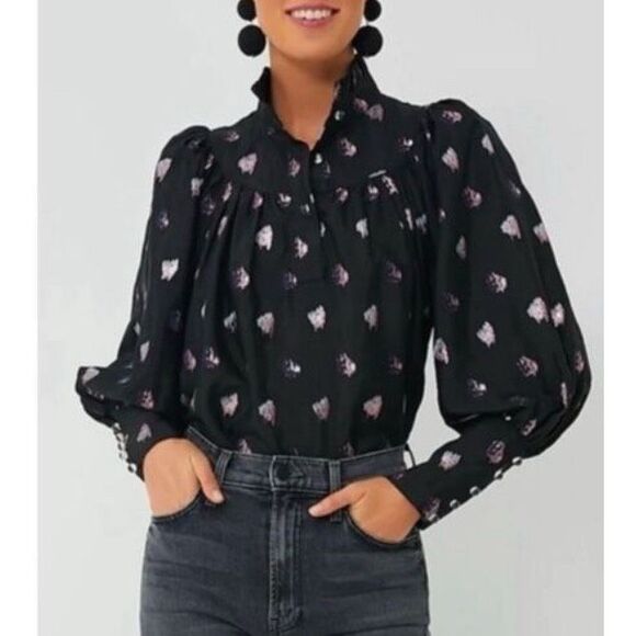 NWOT Tuckernuck Black and Blurred Dot Fil Coupe Corrigan Blouse, XXS $228 C20 - Picture 1 of 10